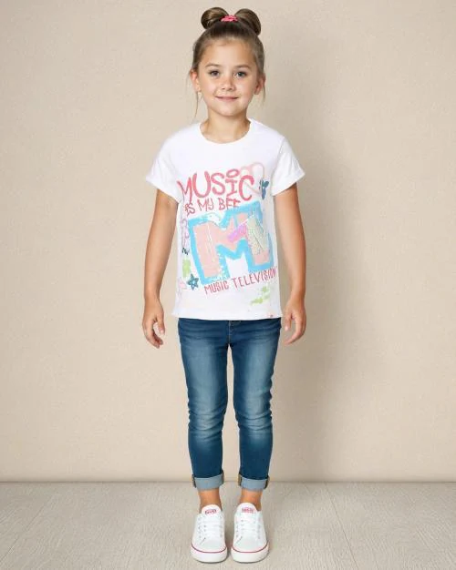 Girls MTV Graphic Print Regular Fit Crew-Neck T-Shirt