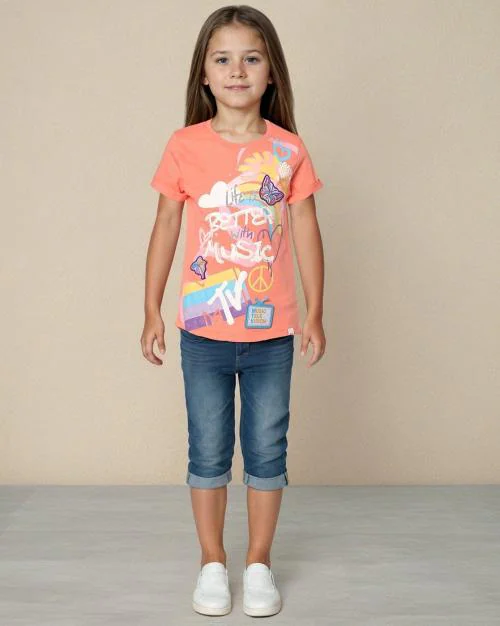 Girls MTV Graphic Print Regular Fit Crew-Neck T-Shirt