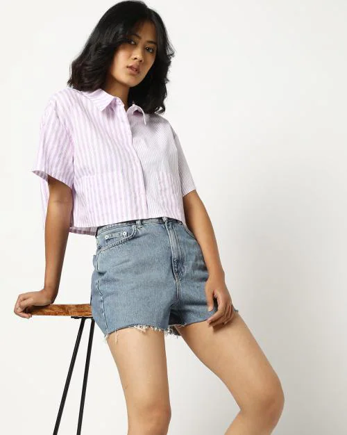 Women Striped Boxy Fit Crop Shirt