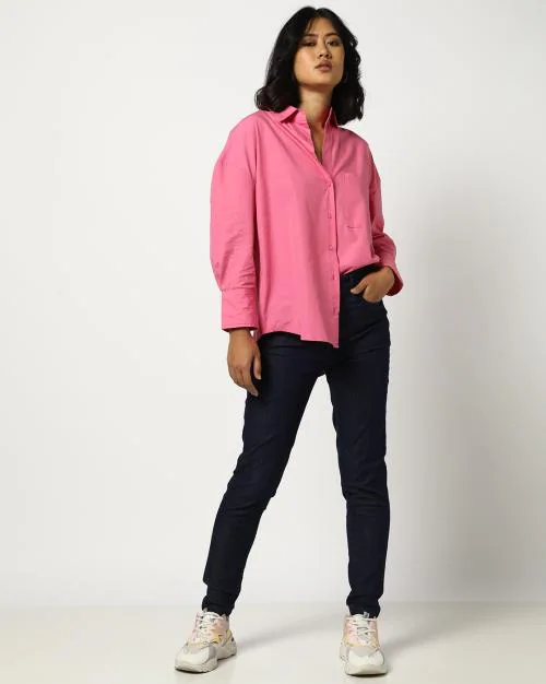 Women Oversized Shirt with Patch Pocket