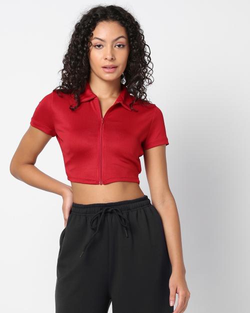 Women Zip-Front Fitted Crop Top