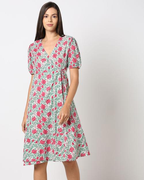 Women Floral Print Wrap Dress