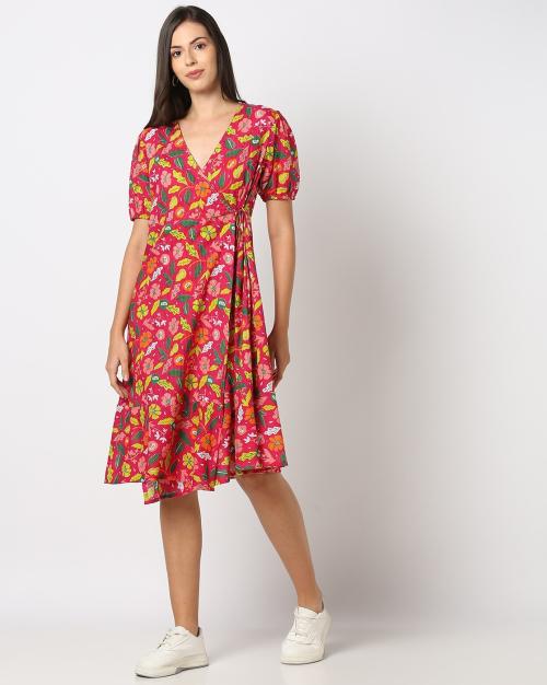 Women Floral Print Wrap Dress