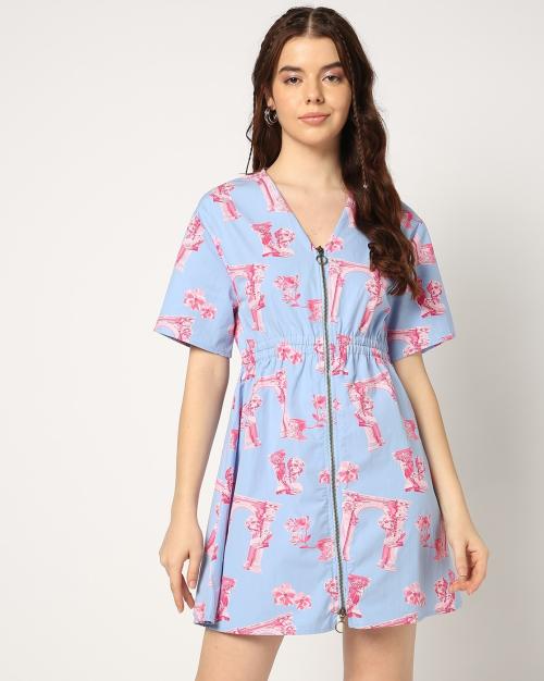 Women Printed V-Neck Poplin A-Line Dress