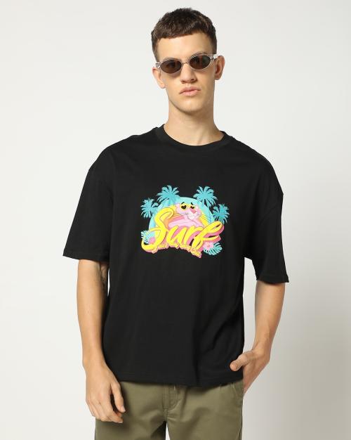 Men Pink Panther Print Relaxed Fit Crew-Neck T-Shirt