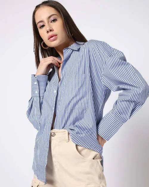 Women Striped Oversized Fit Shirt with Patch Pocket