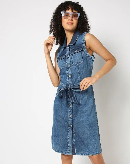 Women Mid-Wash Denim Dress with Belt