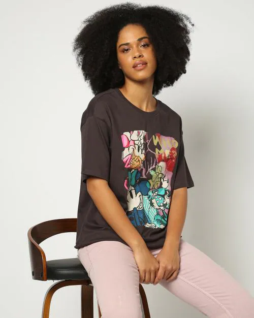 Women Minnie Mouse Print Oversized Crew-Neck T-Shirt