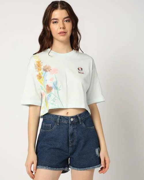 Women Printed Oversized Fit Crew-Neck Crop T-Shirt