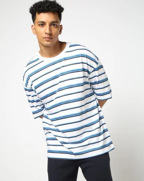 Men Striped Oversized Fit Crew-Neck T-Shirt