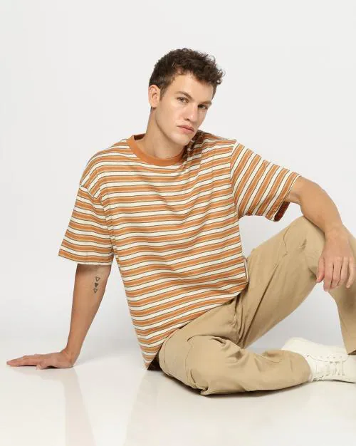 Men Striped Oversized Fit Crew-Neck T-Shirt
