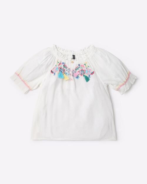 Embroidered Top with Tassel Accents