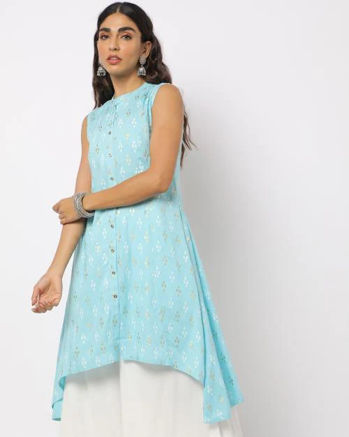 Micro Print A-line Kurta with High-Low Hem