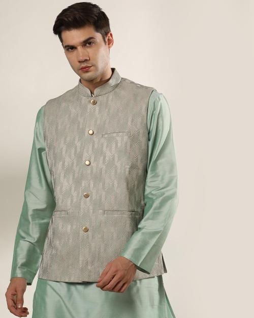 Geometric Print Slim Fit Waistcoat with Welt Pocket