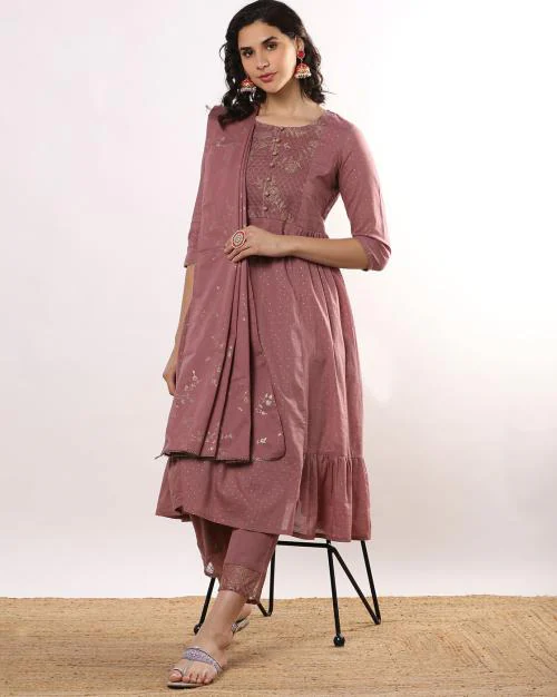 Women Embroidered Flared Kurta Suit Set