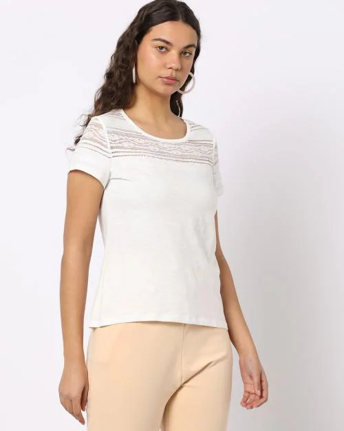 Round-Neck T-Shirt with Lace Panel