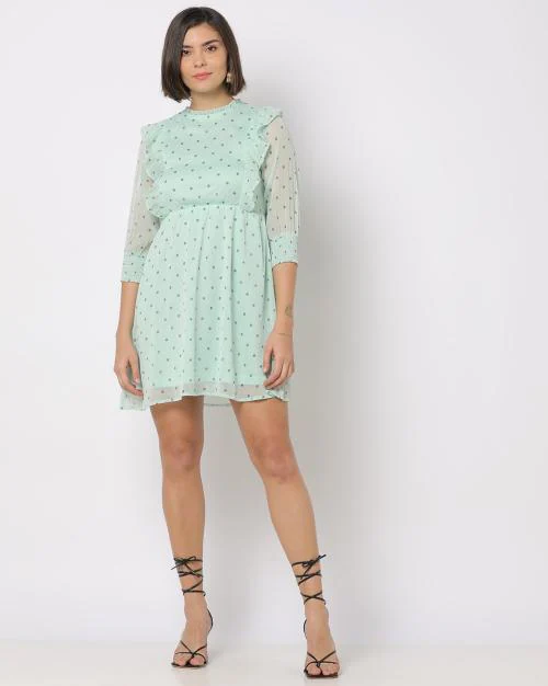 Polka-Dot Print A-Line Dress with Ruffles