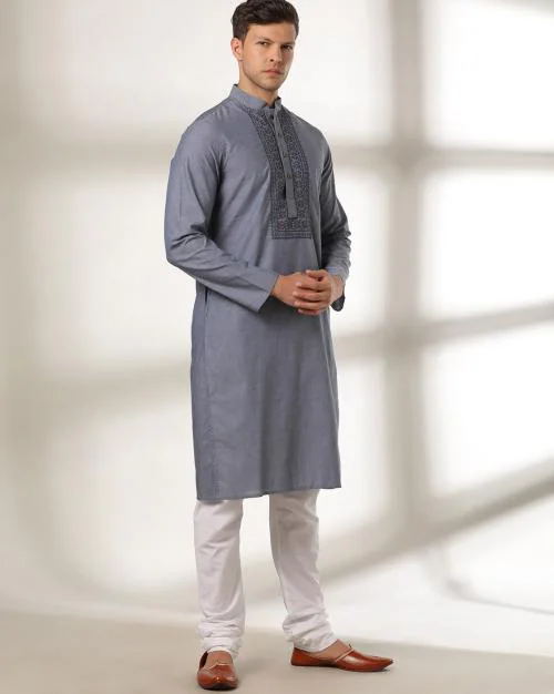Slim Fit Kurta with Embroidered Yoke