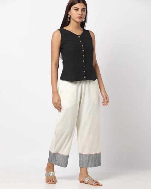Flat-Front Palazzo Pants with Semi-Elasticated Waist