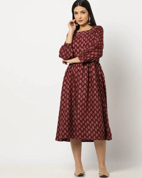 Printed Boat-Neck A-Line Dress