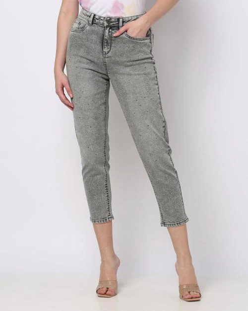 Women Acid-Wash High-Rise Mom Jeans with Embellishments
