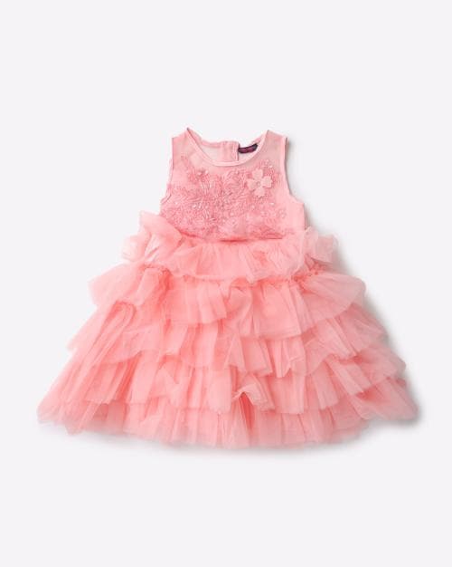 Frilled Tulle Tiered Dress with Embellishment