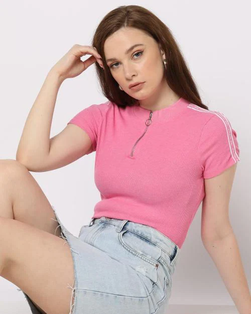 Ribbed Zip-Up Top with Printed Taping