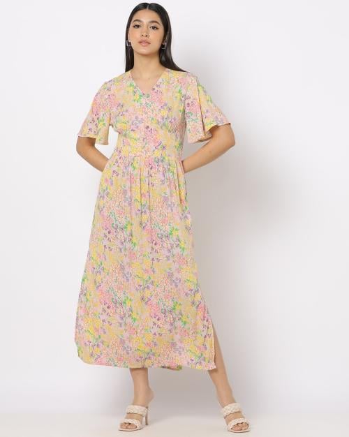 Floral Print A-Line Dress with Ruched Detailing