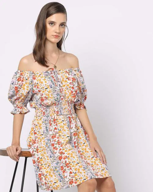 Printed Off-Shoulder A-Line Dress