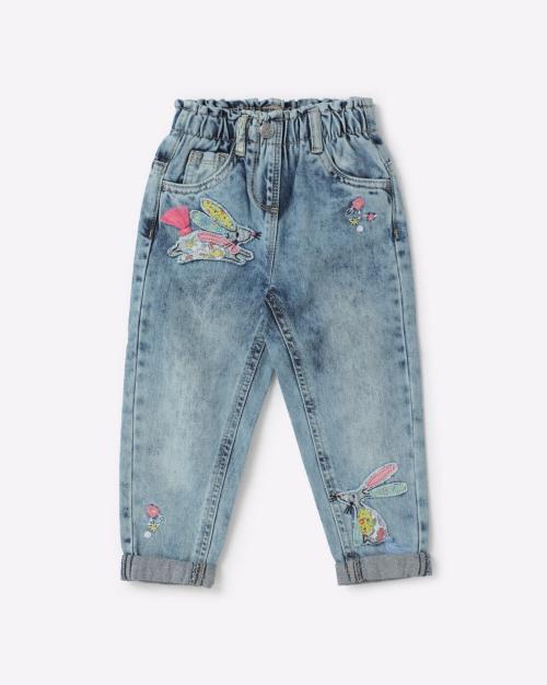 Heavily Washed Straight Fit Jeans with Applique