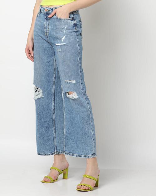Women Heavily Washed Distressed Bootcut Jeans