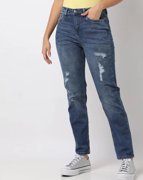Lightly Washed & Distressed Straight Fit Jeans