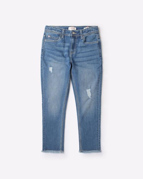 Lightly Washed Distressed Slim Fit Jeans
