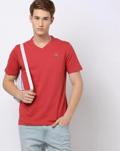 Buy Regular Fit V-Neck T-Shirt with Logo Print Online at Best Prices in ...