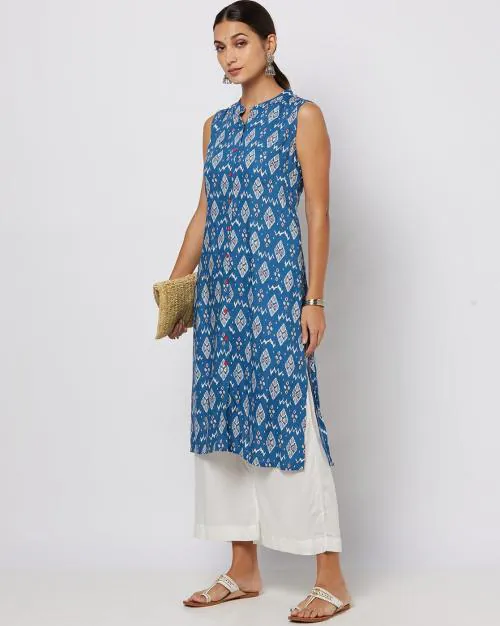 Ikat Print Sleeveless Straight Kurta