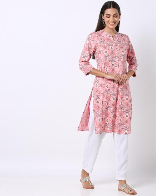 Buy Ikat Print Straight Kurta with Mandarin Collar Online at Best