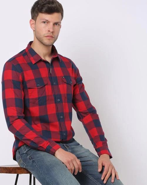 Checked Hooded Shirt with Flap Pockets