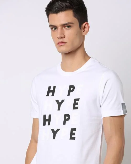 Regular Fit Typographic Print Curved Hem Crew-Neck T-Shirt