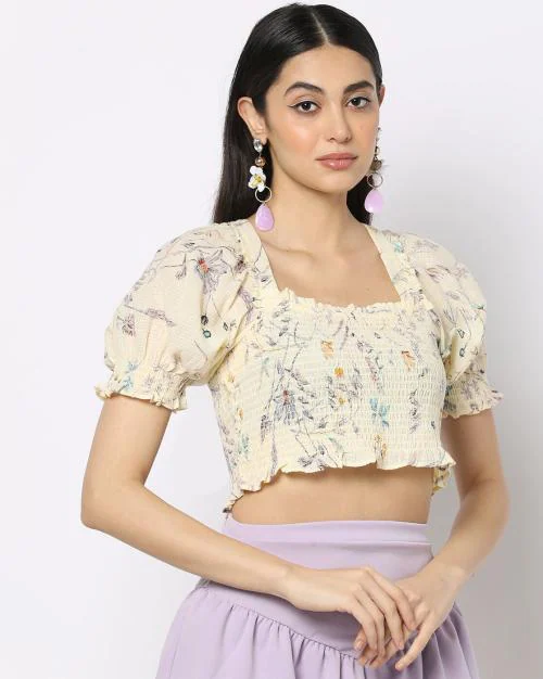 Floral Print Smocked Cropped Top