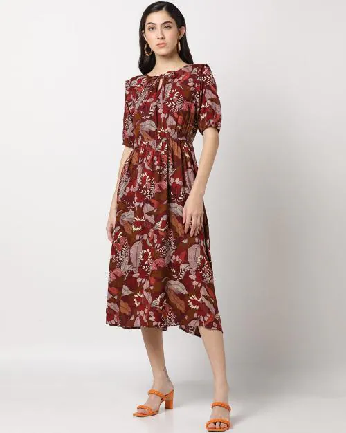 Tropical Print A-Line Dress with Neck Tie-Up