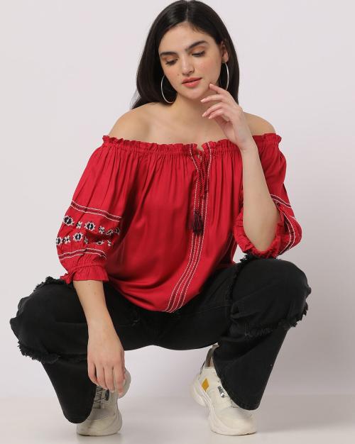 Off-Shoulder Bardot Top with Embroidery
