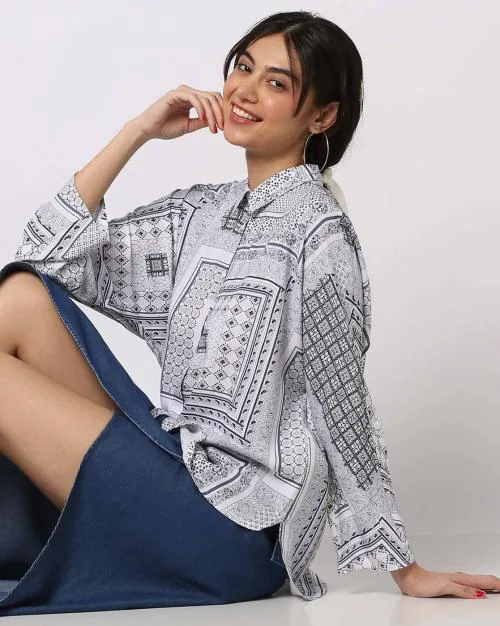 Printed Batwing Shirt With Roll-Up Tabs