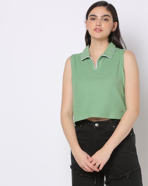 Collared Sleeveless Crop T-Shirt