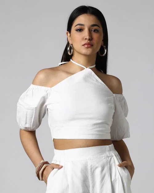 Women Halter-Neck Top with Puff Sleeves