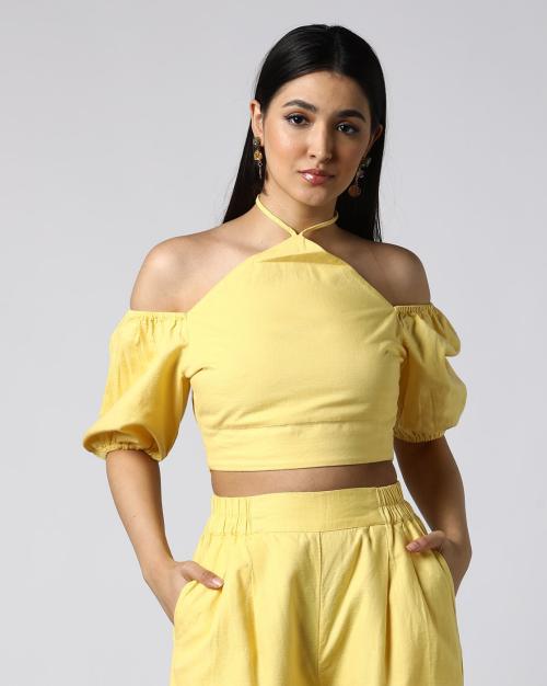 Women Halter-Neck Top with Puff Sleeves