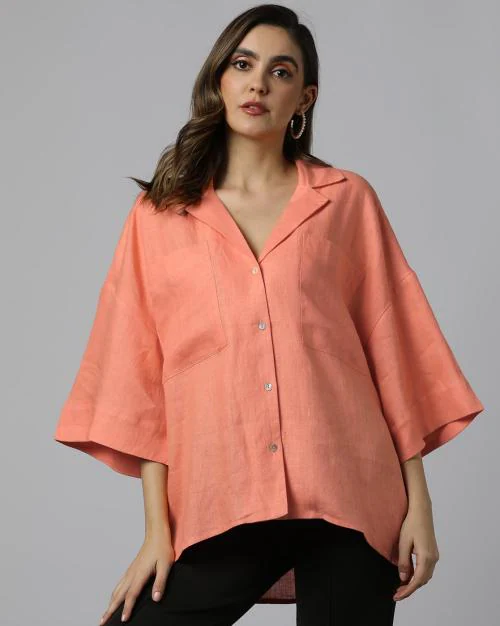 Women Loose Fit Shirt with Cuban Collar