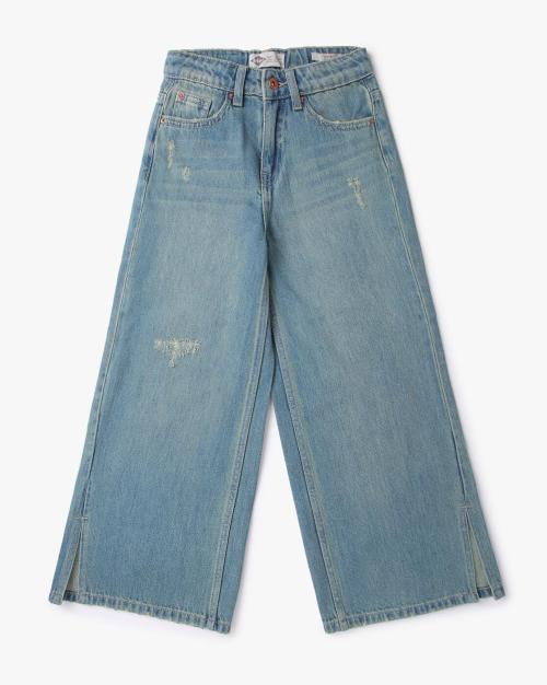 Girls Lightly Distressed Wide Leg Jeans