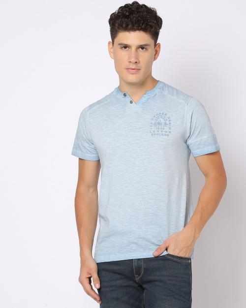Regular Fit Henley T-Shirt with Logo Print