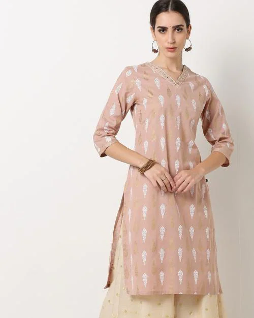 Printed V-Neck Straight Kurta