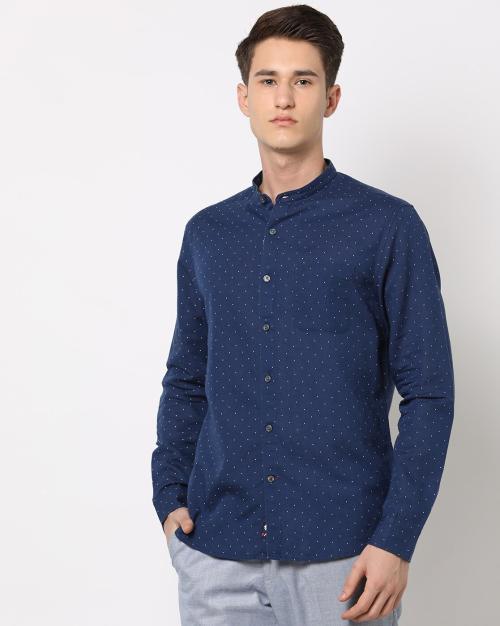 Printed Slim Fit Shirt with Band-Collar